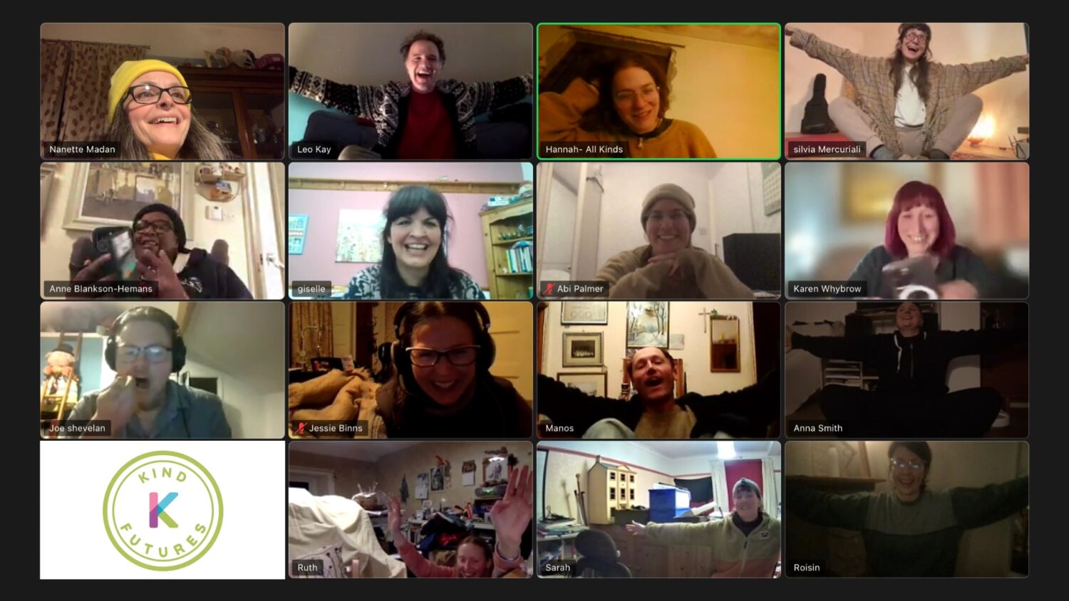 A Zoom screenshot of the Kind Futures collective on one of their weekly calls.