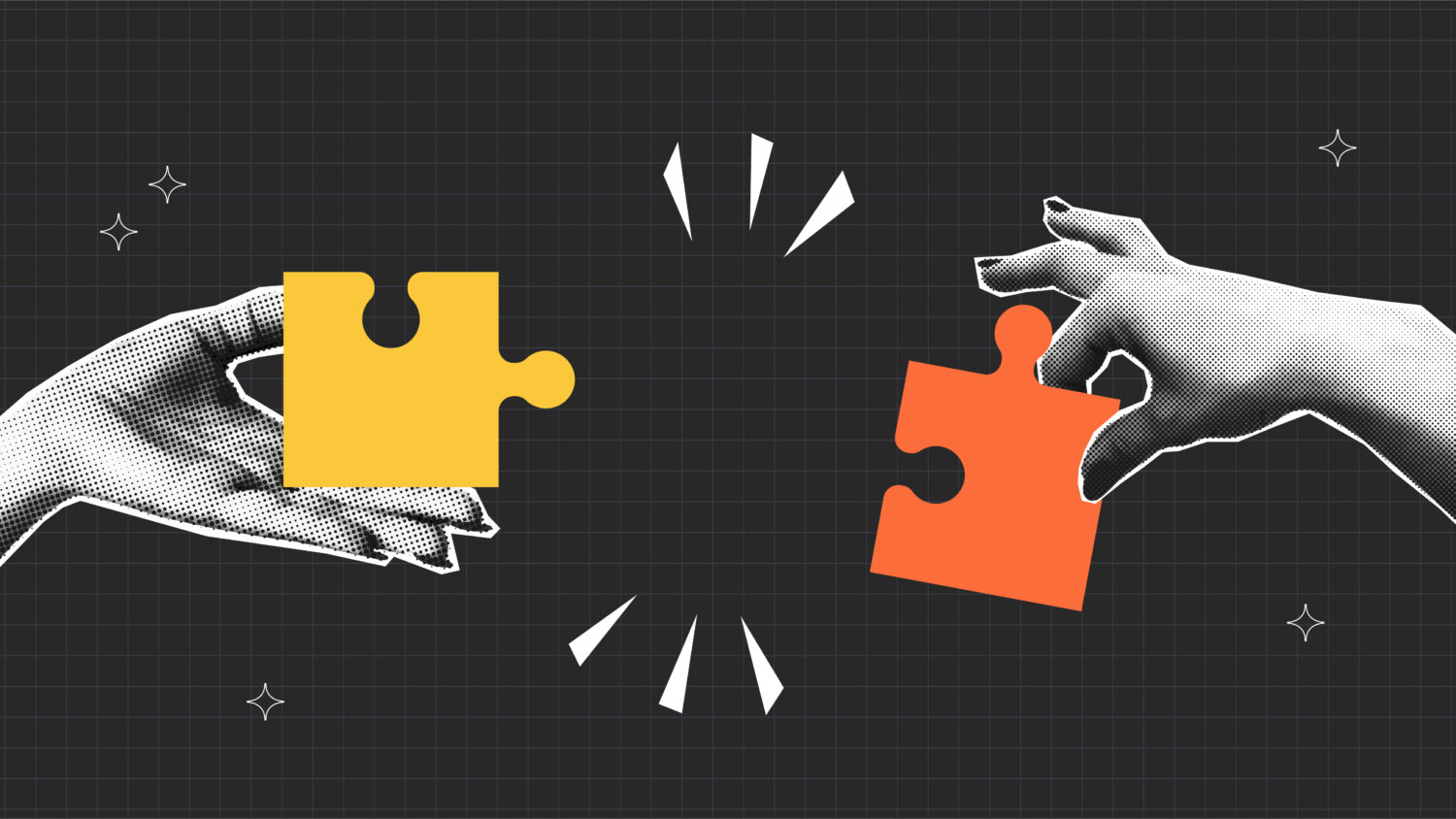 Halftone hands connect the pieces of jigsaw puzzle. Collage design of  teamwork with puzzle pieces and two halftone hand. Partnership and relationship concept. Vector.