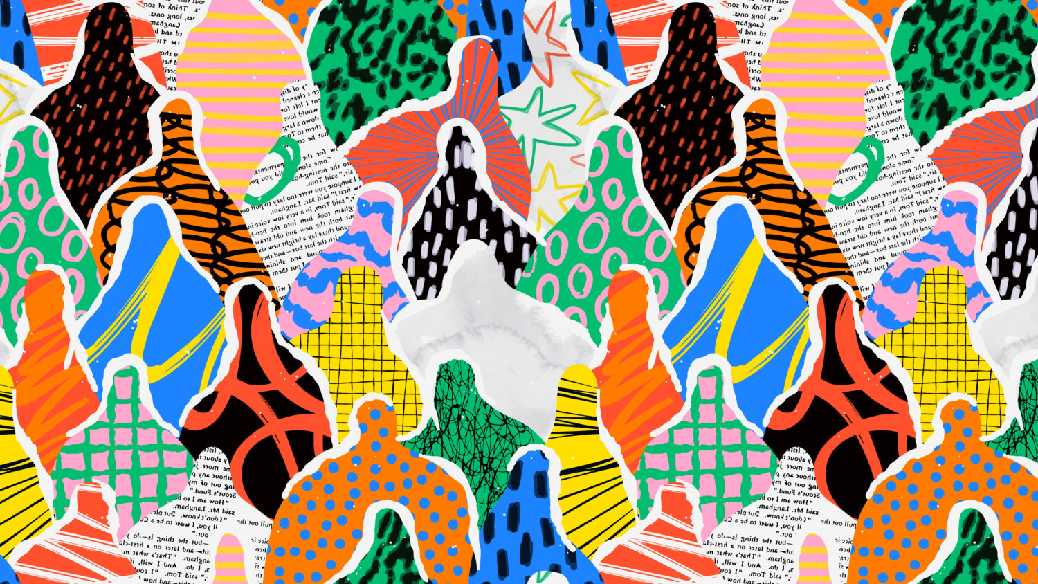 Colorful diverse people crowd abstract art seamless pattern. Multi-ethnic community, big cultural diversity group background illustration in modern collage painting style.
